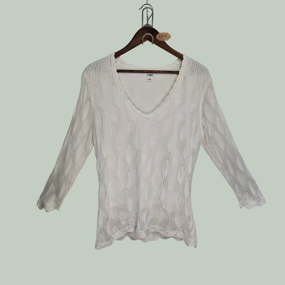 Cato White Crochet Knit V-Neck Sweater 3/4 Sleeve Lined Top Large
